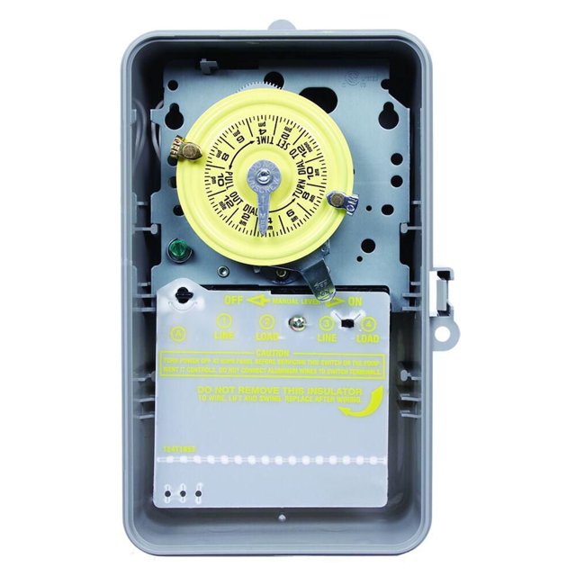 Grey indoor/outdoor mechanical timer switch featuring a yellow 24-hour dial and labeled wiring instructions for SPST control.
