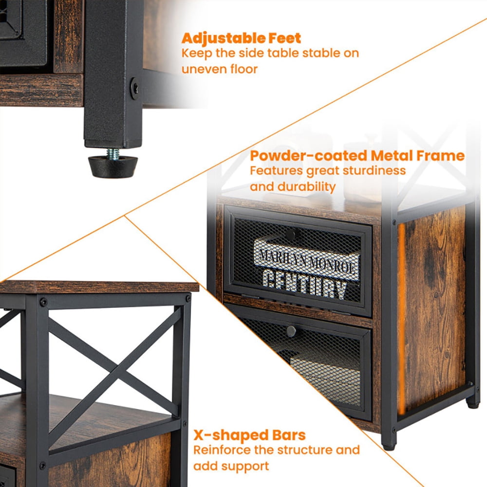 Finihen Nightstand, End Table, Set of 2 Modern Nightstand with 2 Flip Drawers and Open Shelf, for Living Room, Bedroom, Rustic Brown Finihen Nightstand, End Table, Set of 2 Modern Nightstand with 2 Flip Drawers and Open Shelf, for Living Room, Bedroom, Rustic Brown