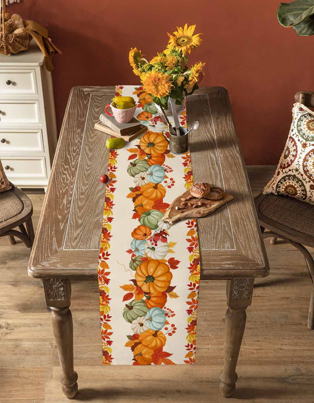 Fall Burlap Cotton Table Runner 14x72 Inches Long, Orange Blue Pumpkins Thanksgiving Farmhouse Maple Leaf Farmhouse Table Runners, Outdoor Dining Tablecloths Decor for Baby Shower/Party/Wedding