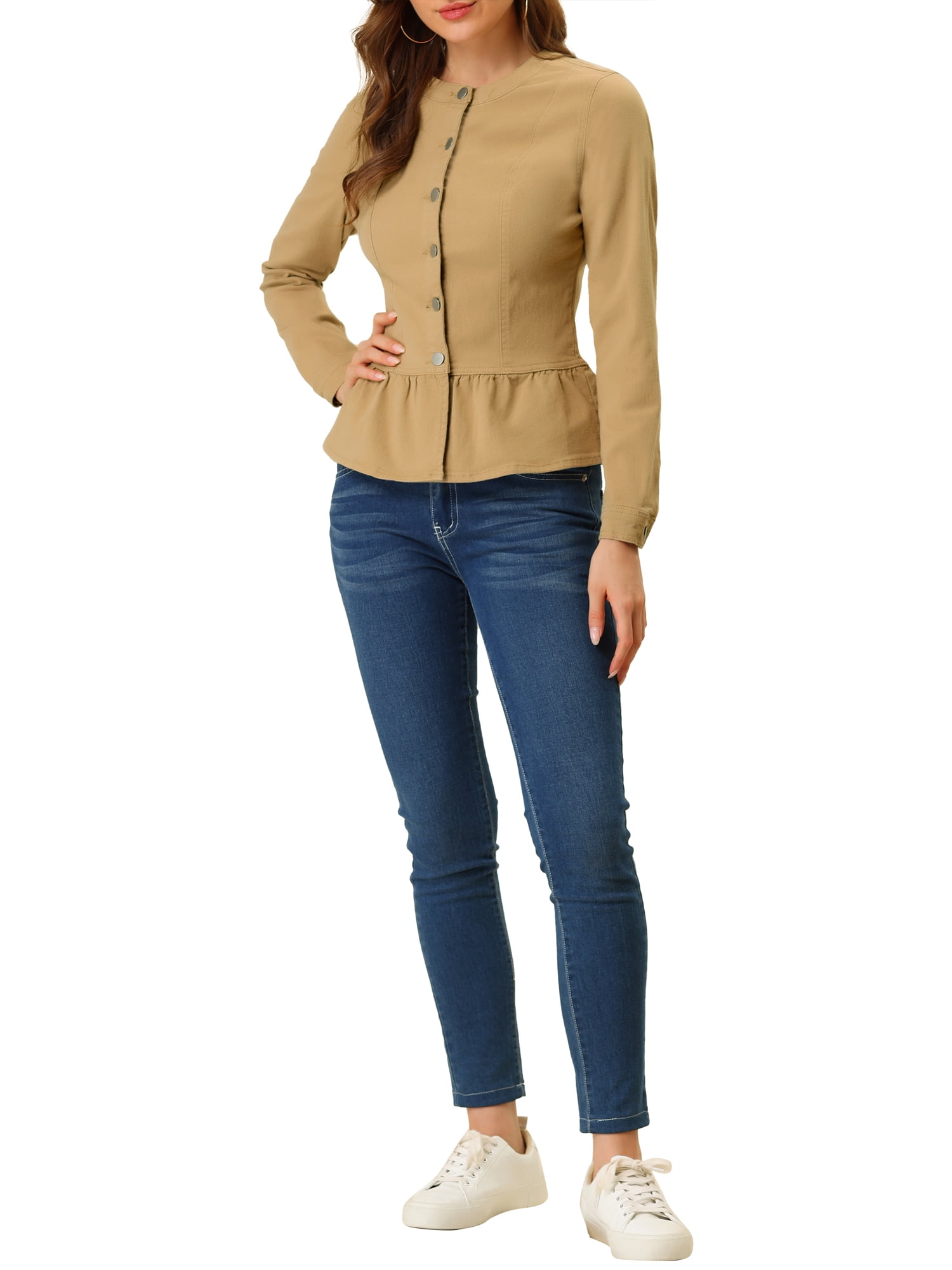 DARING DIVA Women's Button Down Cropped Ruffle Hem Denim Jacket M Khaki