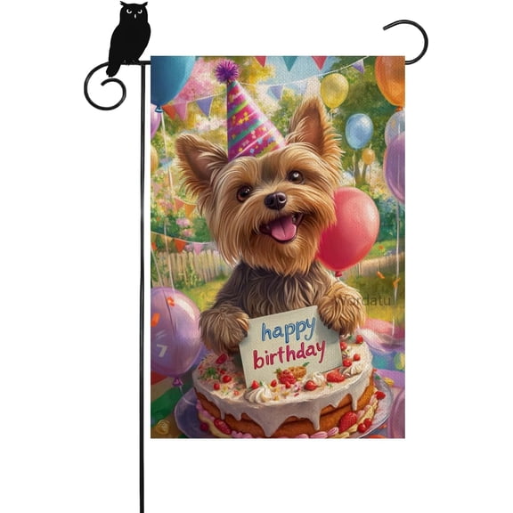 Happy Birthday Cake Balloon Yorkie Garden Flag Welcome Party Outdoor Outside Decorations Home House Garden Yard Decor 12x18 Inch (11938)