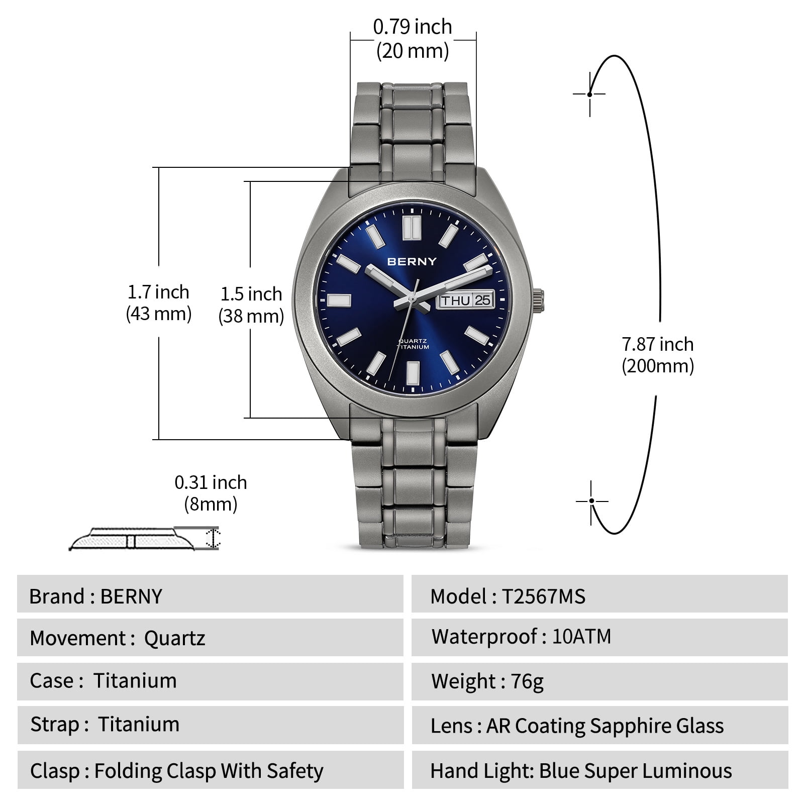BERNY Titanium Watch for Men, Sport Men's Field Watch, Military Analog Quartz Watch with Date, Japanese Quartz Movement, Super Luminous, 10ATM Waterproof Army Wristwatch, Blue