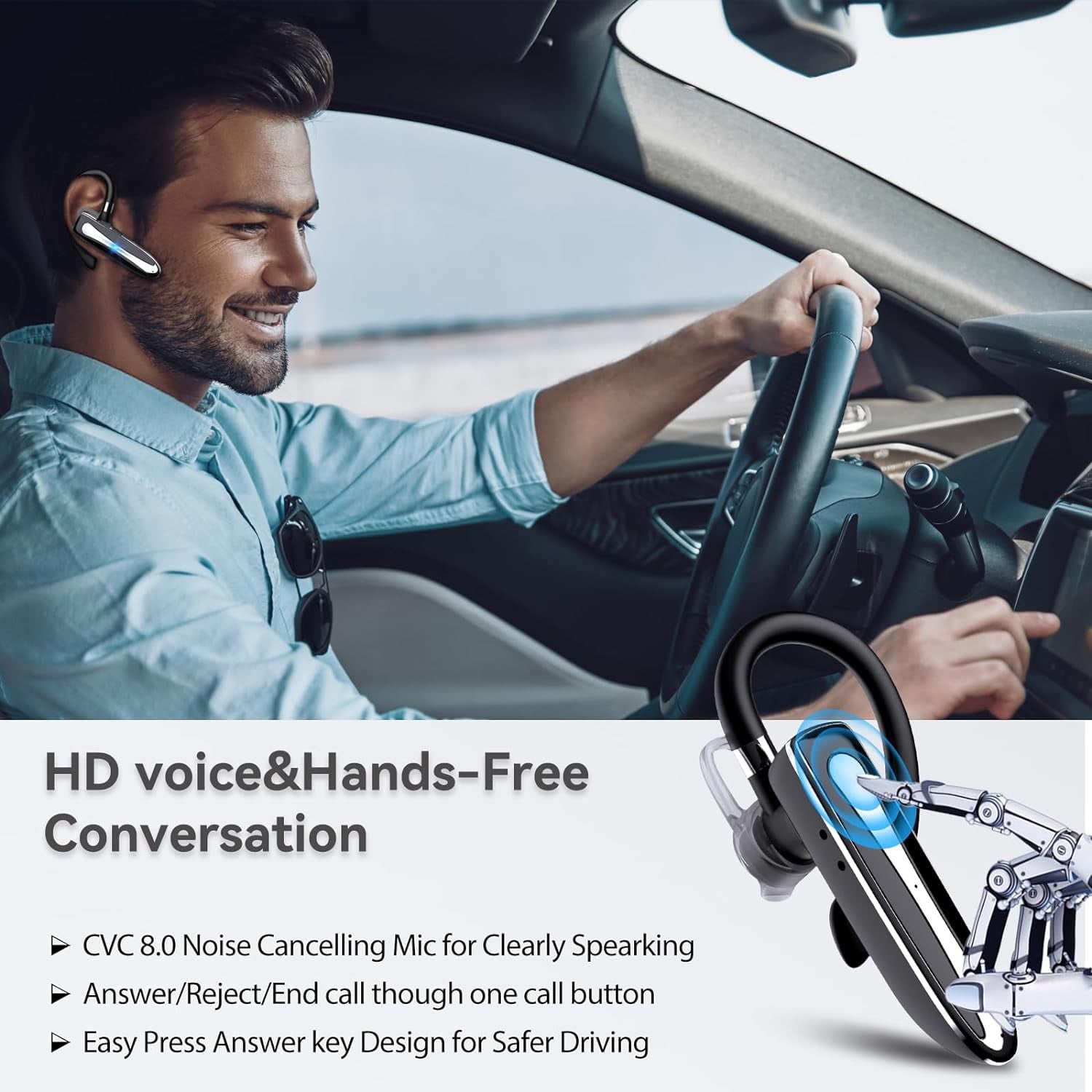 Bluetooth Headset Single Ear Business in-Ear Earbuds for Cell Phone, Wireless Earpiece Hands-Free Earphones,in Mic with Charging Case, for Office Working Driving Calling Compatible Android/iPhone