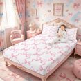 thumbnail image 4 of Meiyoeat Minimalist Ribbon Print King Sheets 4Pcs,Delicate Bow Pattern Bedding,Pink White,1 Flat Sheet,1 Fitted Sheet and 2 Pillowcases, 4 of 6