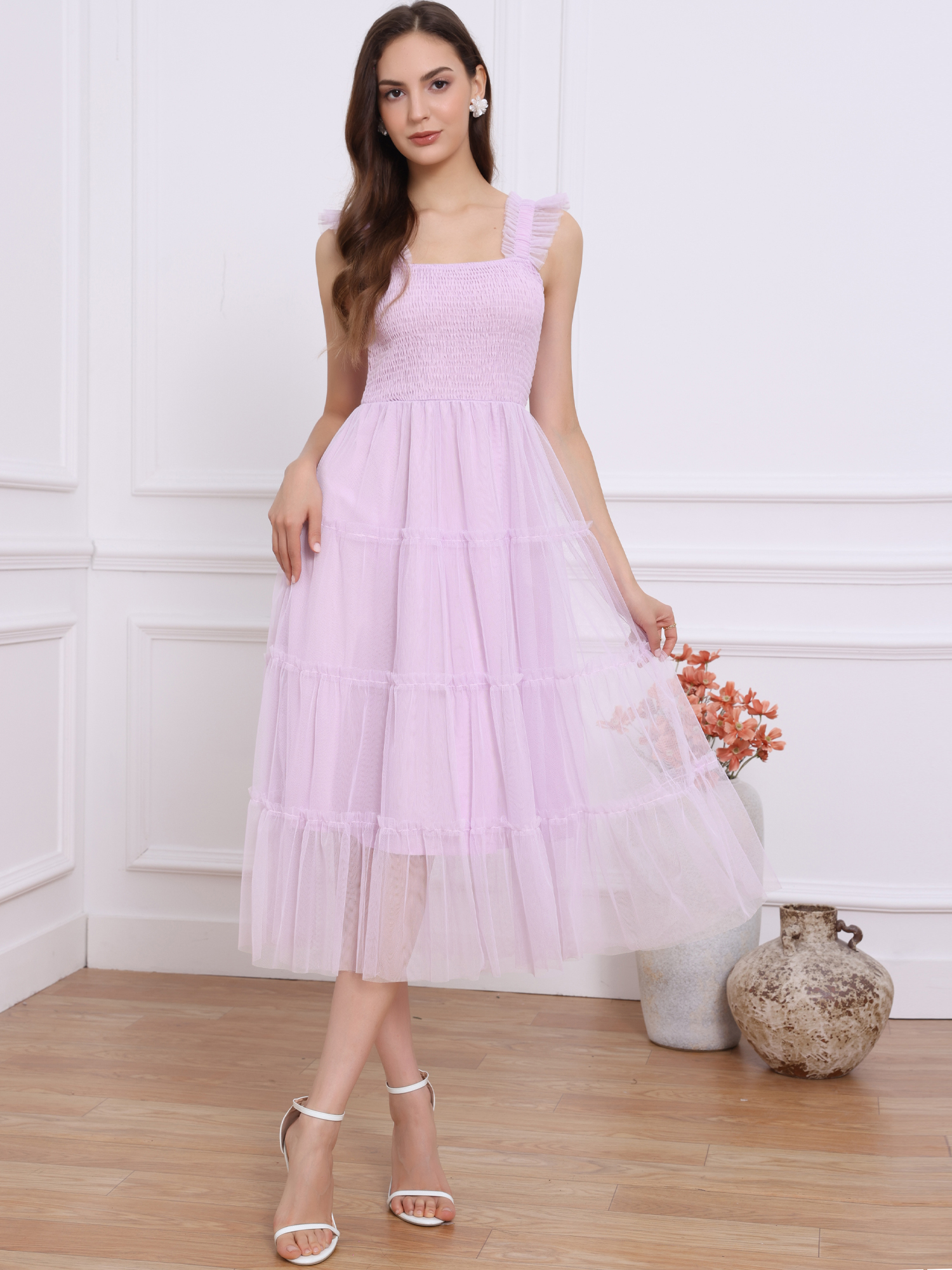 DARING DIVA Women's Summer Tulle Sleeveless Smocked Square Neck Dress L Light Purple