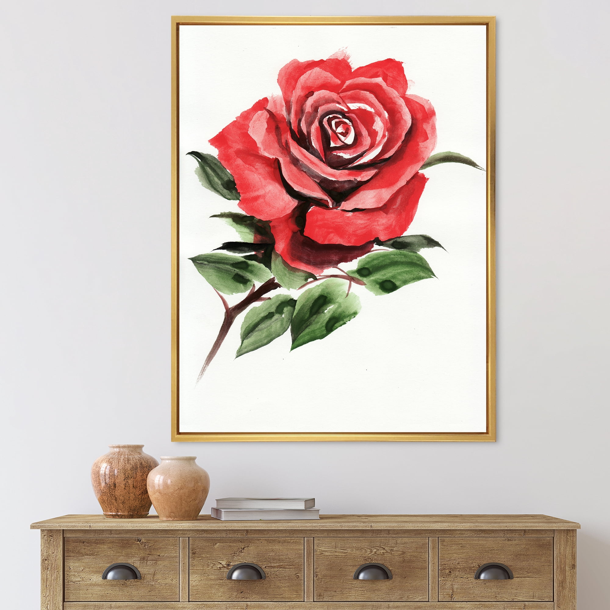 Designart 'Ancient Red Rose Flower III' Traditional Framed Canvas Wall Art Print