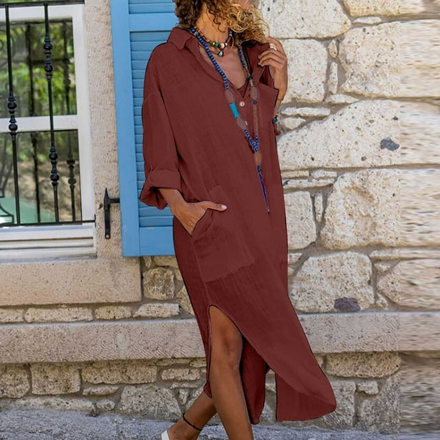 Meichang Robes d'Été en Coton et Lin pour Femmes, Col à Revers, Manches Longues, Robes Chemise à Boutons, Unies, Fente Latérale, Robes Maxi Évasées, Robes Décontractées avec Poches, Bourgogne G