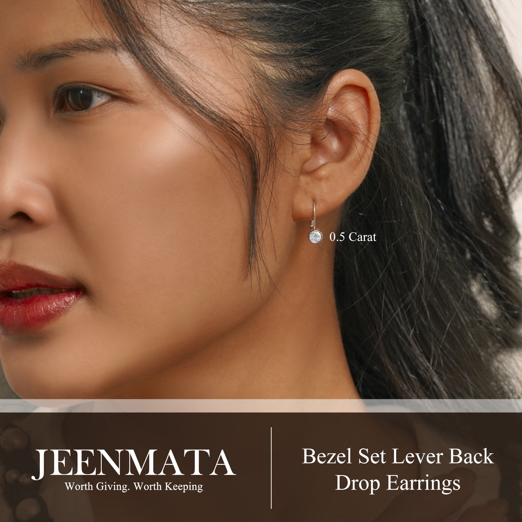 JeenMata 0.50 Carat Lab Grown Diamond Bezel Set Leverback Drop Earring - in 18K White Gold Plating Earrings for Women, Gift for Girlfriend, Mother, Her