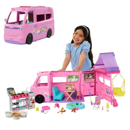 Barbie Dream Camper Playset with Roof Tent, BBQ Grill with Color-Change Feature & 60  Accessories