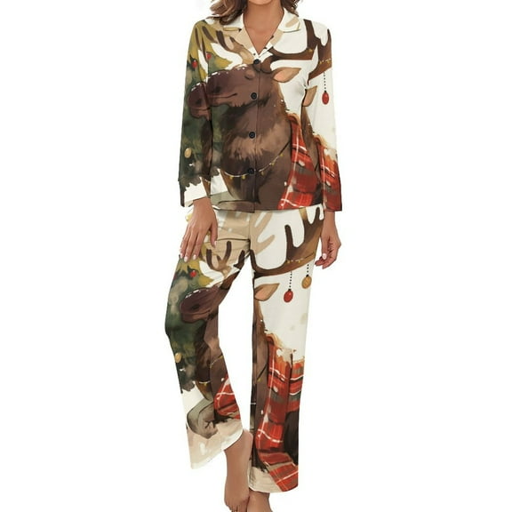 PoBuds Women's Long Sleeve Flannel Pajama Set Sleepwear Christmas Deer XL