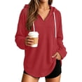 thumbnail image 3 of Sheghy Hoodies for Women Ladies Daily and Winter Long Sleeved V-neck Drawstring Knitted Loose Fitting Hooded Sweatshirt Hanging Sweatshirt Top Red XXL, 3 of 8