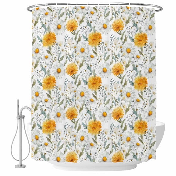 Spring Daisy Shower Curtain, Waterproof Shower Curtains for Bathroom, Country Watercolor Yellow White Floral Leaf Washable Fabric Bathtub Curtain Set Bath Decor with 12 Hooks 48"x72"