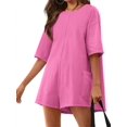 thumbnail image 2 of Short Sleeved Solid Color Women Loose Casual Jumpsuit Back V Romper Shorts with Pocket, 2 of 5