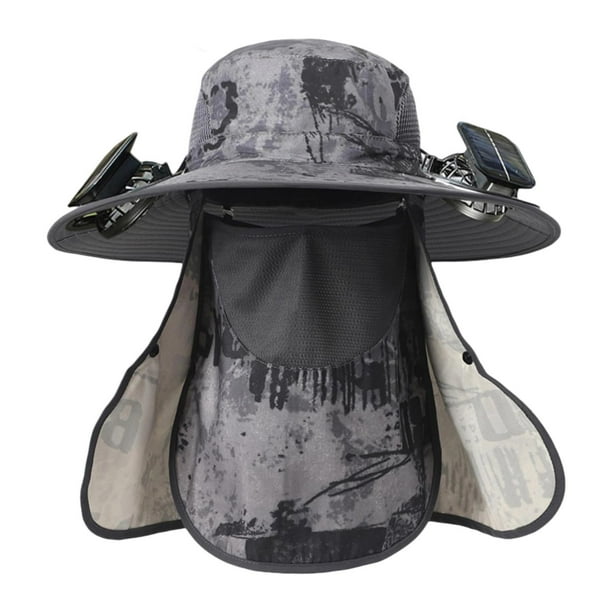 Sombrero con ventilador solar, resistente a la lluvia, recargable, resistente al viento, de verano, de ala ancha, para pescar y tomar el sol. Gris