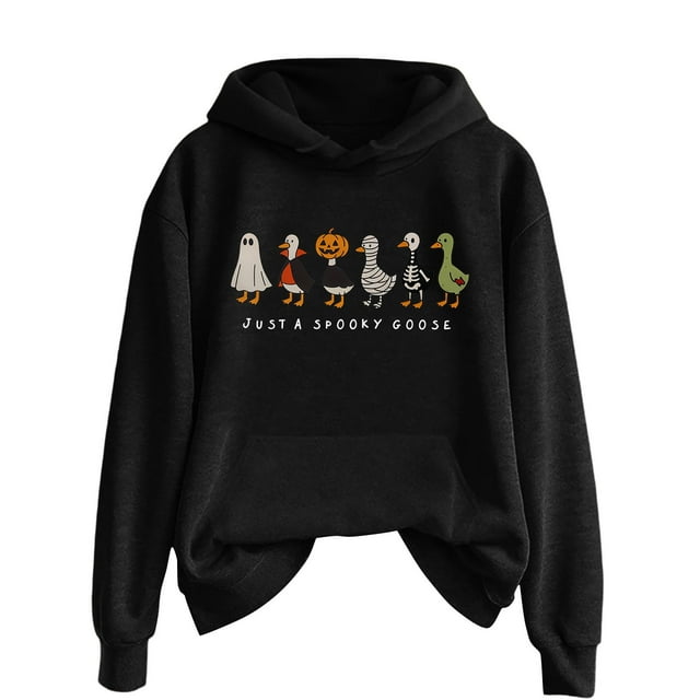 Just A Goose Sweat à Capuche Imprimé Graphique Halloween Couleur Unie Automne Hiver pour Femmes avec Poche