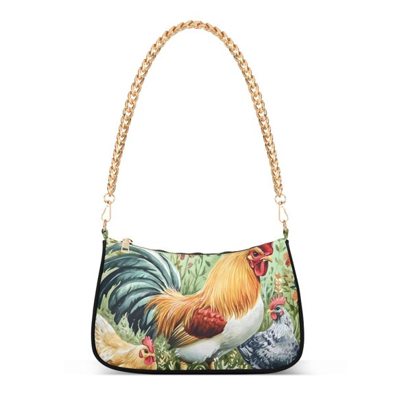 Ryvnso Rooster in Grass Womens Chain Shoulder Bag Tote Handbags Clutch Hobo Purse with Zipper for Travel