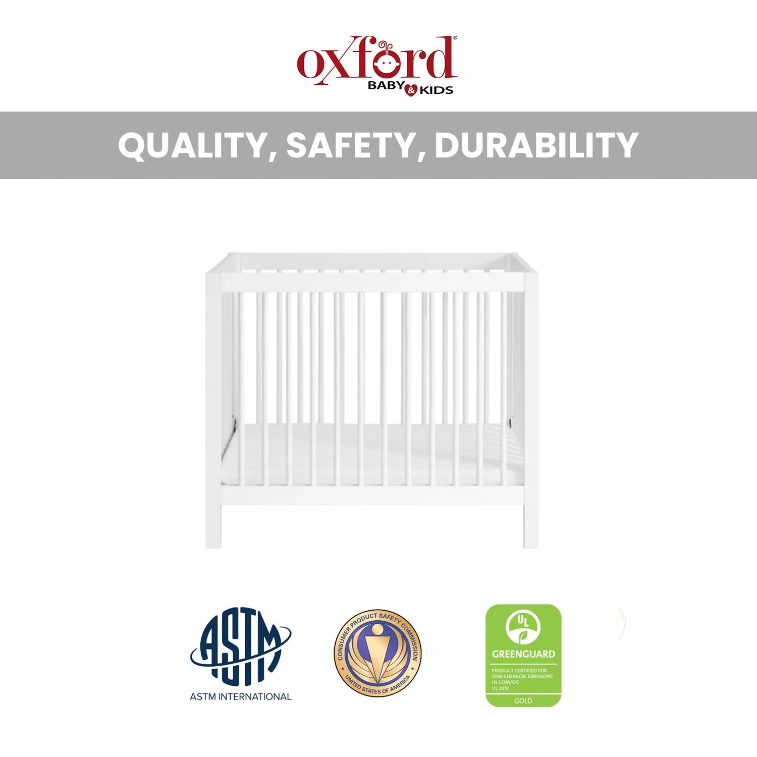 Oxford Baby Essential Island Mini 4-in-1 Convertible Crib with Round Spindles, White