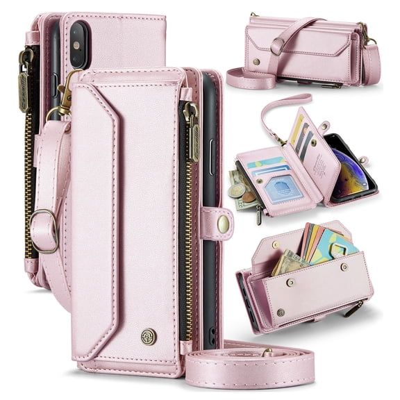 for iPhone XS Max Rugged Case, Classic PU Leather Shoulder Strap Wrist Strap Zipper Pocket RFID Blocking Wireless Charging Kickstand Case Cover for iPhone XS Max, Pink