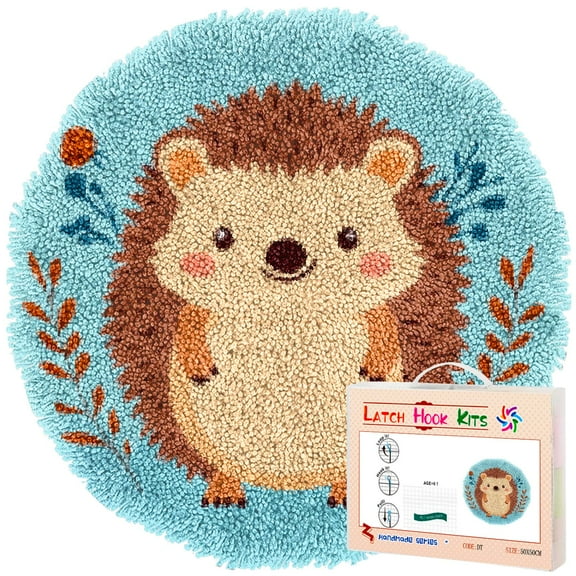 Latch Hook Rug Kit Cute Hedgehog Graphic Stamped Handmade Round Shape Carpet Crochet Yarn Craft DIY Hook and Latch Door Mat Tapestry for Home Floor Decor 50x50cm(3)