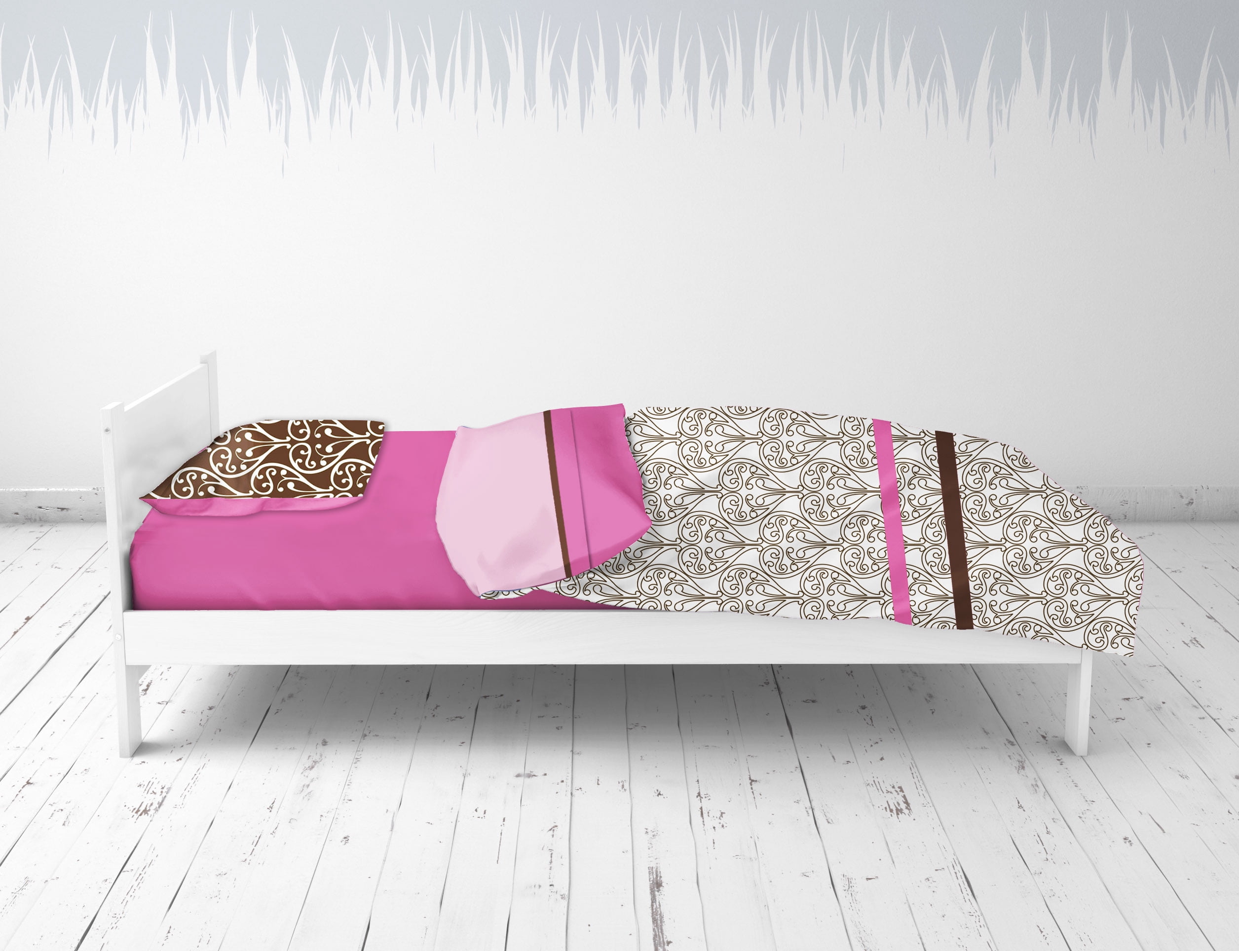 Bacati - Damask 3-Piece 100% Cotton Percale Toddler Sheet Set, Pink/Chocolate