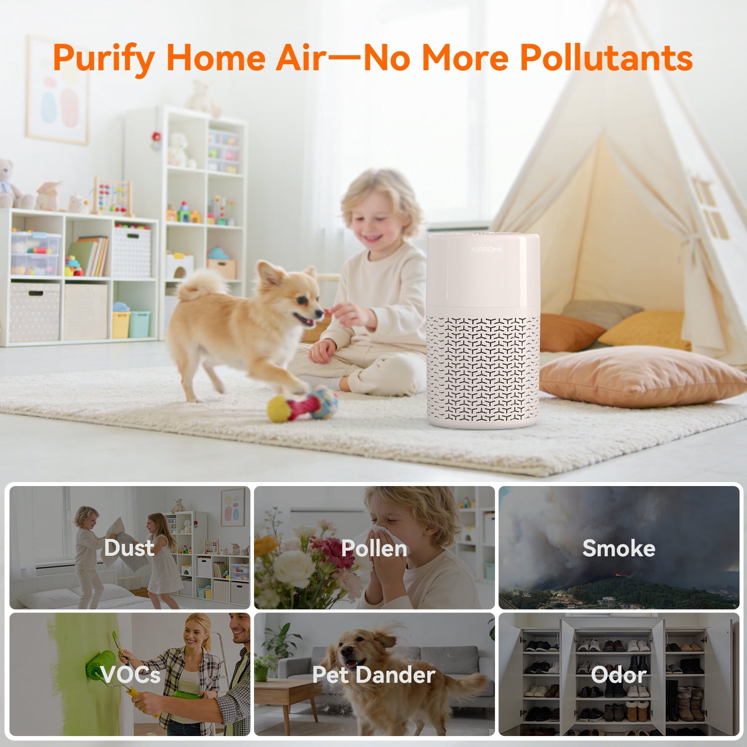 AIRROMI Air Purifiers for Home Room Covers 660 sq.ft, H13 True HEPA Filter, for Allergies,Pet Dander,Pollen,Odor,Smoke, with Night Light, A2002S,Beige