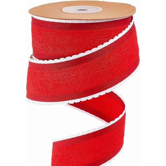 10 Yard Herringbone Ribbon 1.5 Inch Wired Felt Ribbon Red Double Sided Raw Edge Frayed Christmas Striped Fabric Trim with White Lace