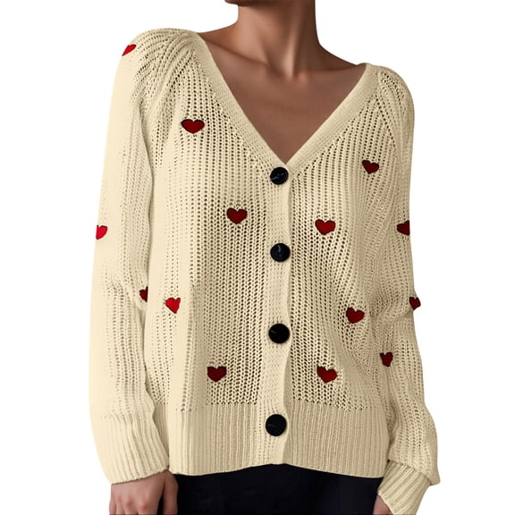 Lightweight Sweaters for Women Fall Winter Button V Neck Embroidered Heart Pattern Cardigan Knit Women's Blouses,Beige,L