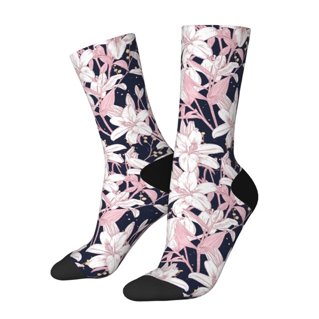 Fotbe Lilies Flowers Calcetas Largas con Estampado para Hombre y Mujer – Calcetas de Compresión Transpirables y Elásticas, Viajar y Uso Diario Talla 5-11