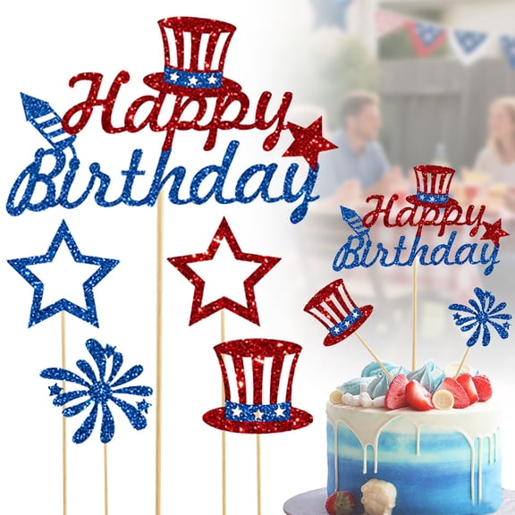 4th of July Happy Birthday Cake Topper,4th of July Cake Decorations,Happy Birthday Cake Topper,Patriotic Birthday Party Decorations,Red and Blue Glitter Firework Independence Day Cake Pick,1 Set
