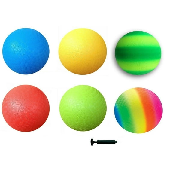 6-Pack Kickball Set - Playground Balls dodgeballs Red, Blue, Green, Yellow and Rainbow and Green Stripe!