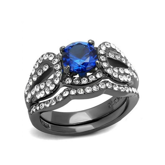 London Blue Synthetic Spinel Light Black Stainless Steel Womens Wedding Ring Set Size 5