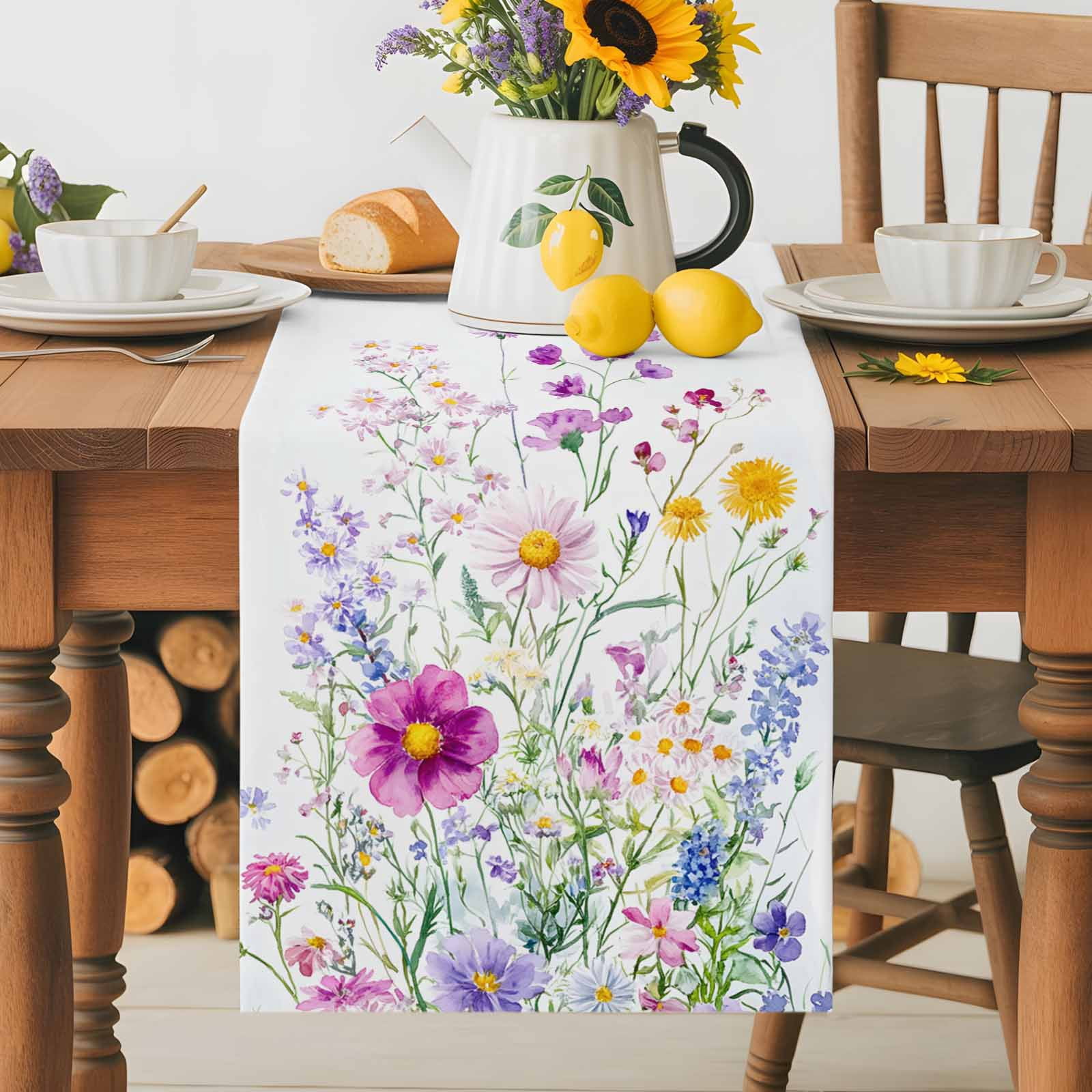 Flowers Spring Table Runner 90 Inches Long, Pastoral Pink Purple Floral Lavender Daisy Table Runners Tabletop Scarf Kitchen Dining Tables Decoration for Home Party Indoor Outdoor
