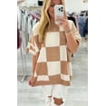 thumbnail image 2 of Women's Light French Beige Checkered Pattern Loose Drop Shoulder Half Sleeve Sweater | L, 2 of 5