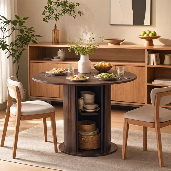 TacleeKii 31.5" Round Dining Table for 2-4, Small Wood Farmhouse Kitchen Table with Center Storage Column, Space Saving, Walnut
