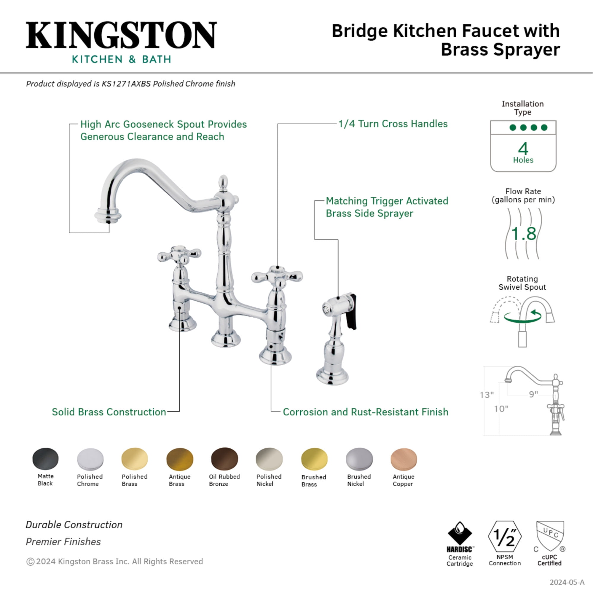 Kingston Brass KS127AXBSAC Heritage 1.8 GPM Widespread Bridge Kitchen Faucet - Copper