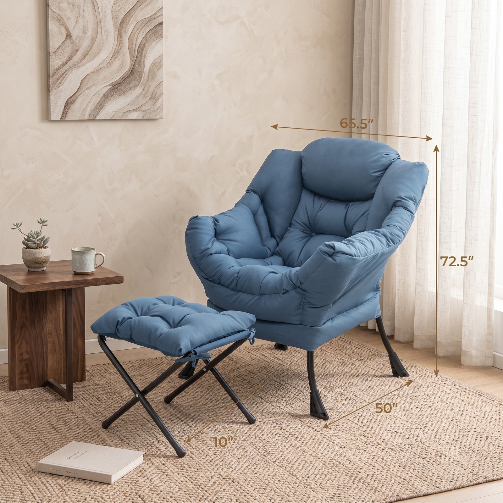 Furnibear Modern Accent Sofa Chair with Folding Footrest Ottoman, Upholstered Reading Armchair with Side Pocket for Living Room Bedroom Balcony, 330 lbs Capacity, Navy