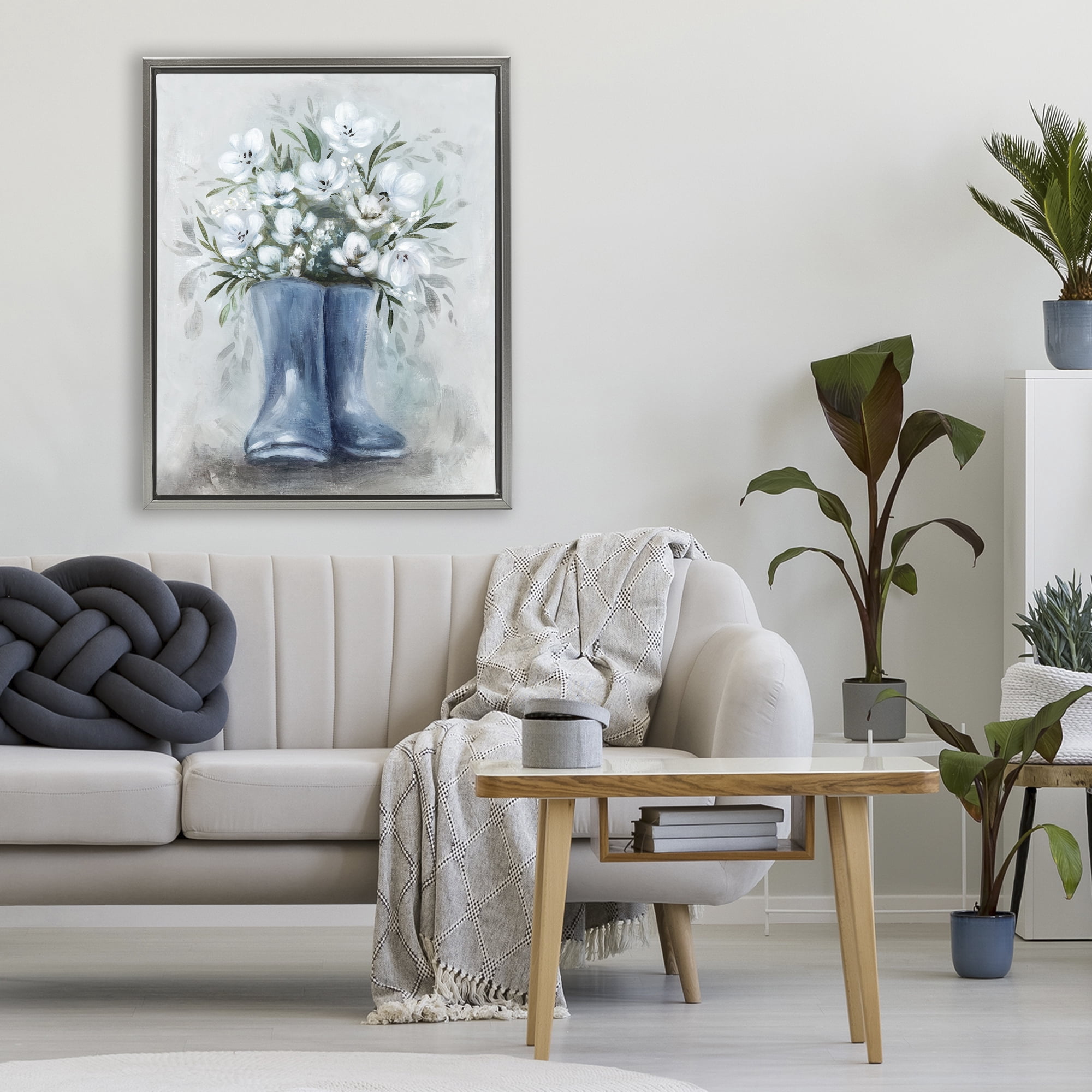 Stupell Industries Botanical Bouquet in Blue Boots Gray Framed Floater Canvas Wall Art, design by Kristen Brockmon