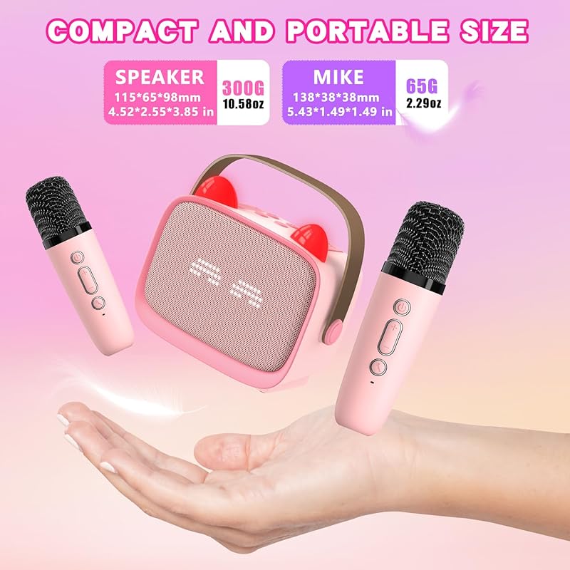 Zeokiar Upgraded Mini Karaoke Machine Toy for Kids, Portable Bluetooth Speaker with 2 Wireless Mics, Emoji & Colorful LED Lights, Home Travel & Party Play Gifts for Boys Girls (Pink)