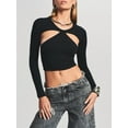 thumbnail image 2 of KelaJuan Women's Spring Slim Cropped Tops Solid Color Long Sleeve Round Neck Front Cutout Backless T-Shirt, 2 of 6