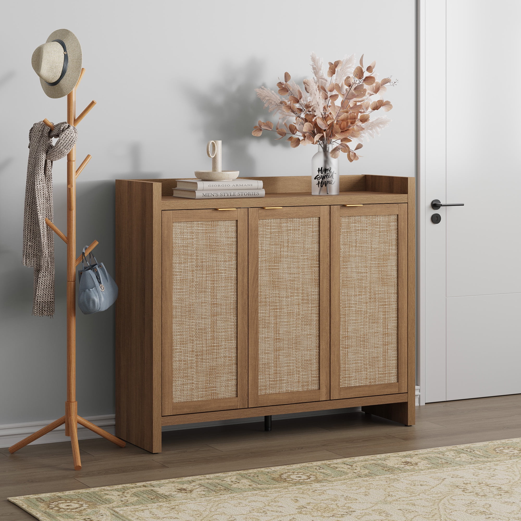 SICOTAS 7 Tier Shoe Storage Cabinet for Entryway, 30 Pairs Rattan Shoe Rack Cabinet with Doors & Adjustable Shelves, Freestanding Boho Shoe Organizer Cabinet for Hallway, Oak