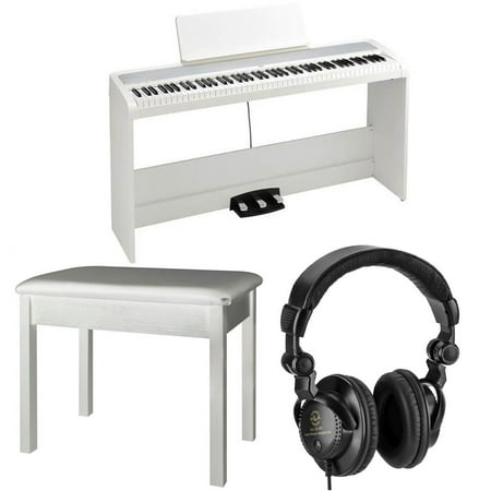 Korg B2SP 88-Key Digital Home Piano with Stand and Three-Pedal System, White Bundle with H&A Studio Monitor Headphones, Cushioned Bench