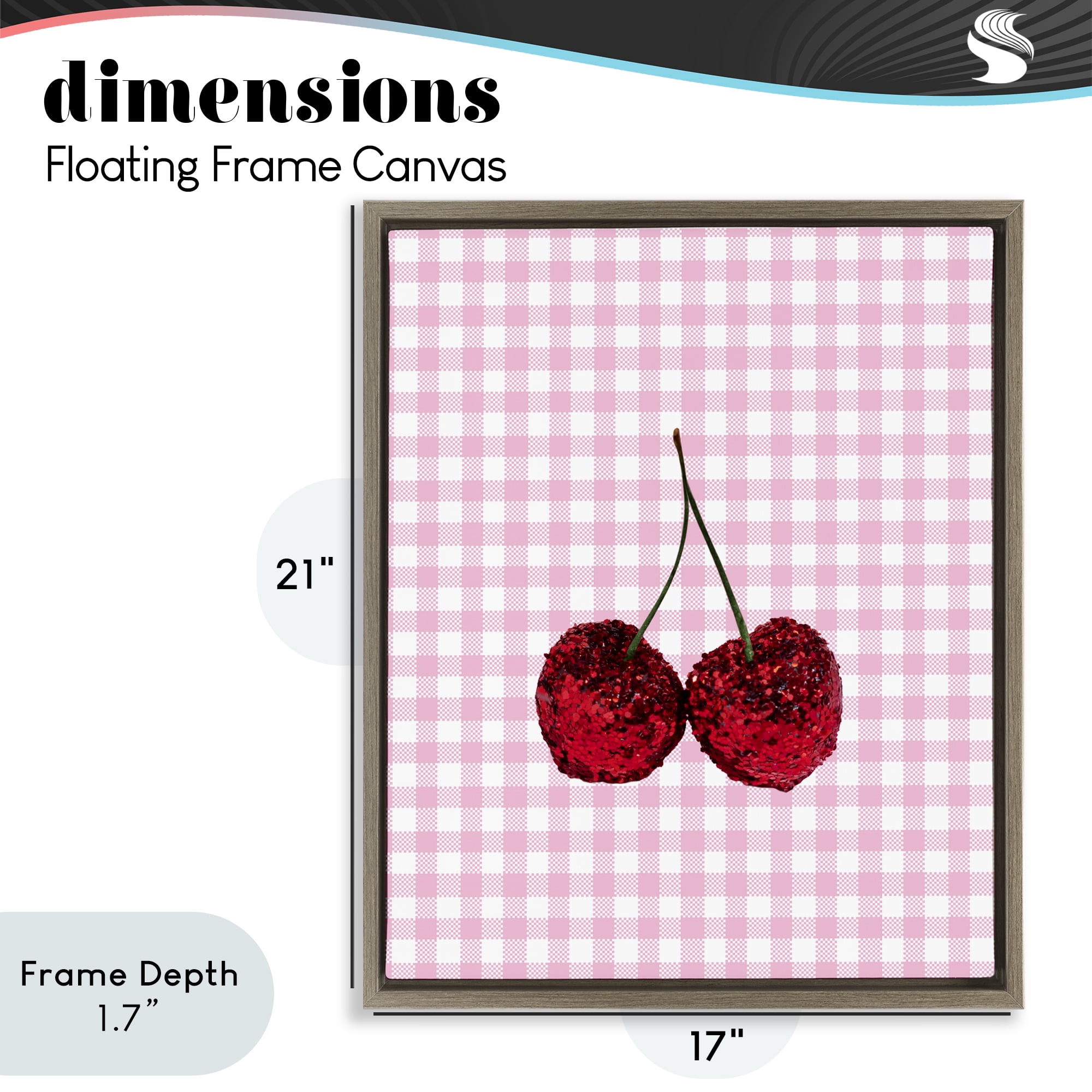 Stupell Industries Glitter Cherry on Pink Gingham Brown Framed Floater Canvas Wall Art, design by LISH Creative