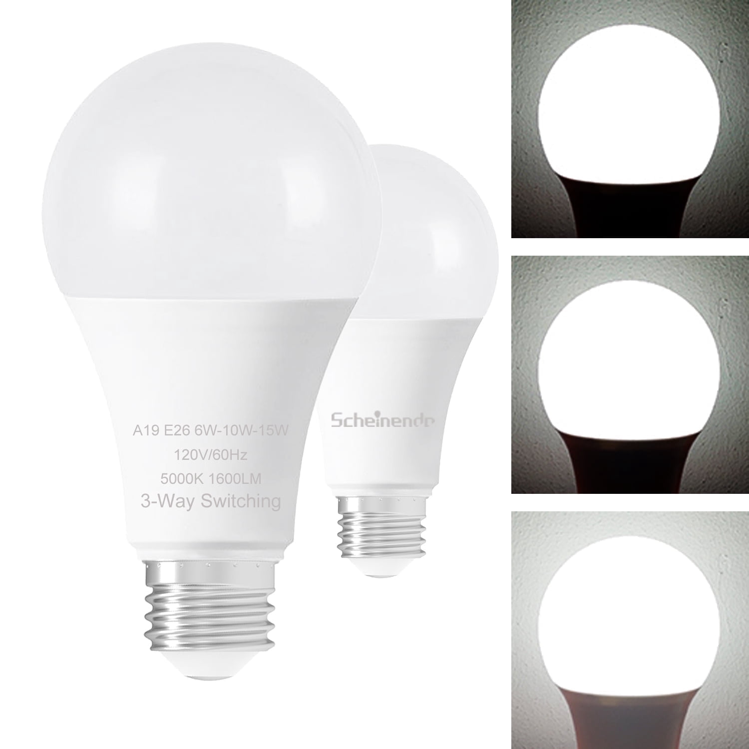 3-Way Light Bulbs, 30 70 100 Watt Equivalent, A19 Led Bulb Daylight 5000K, Perfect for Reading, E26 Medium Base, 500-1200-1600 Lumen, 2 Pack