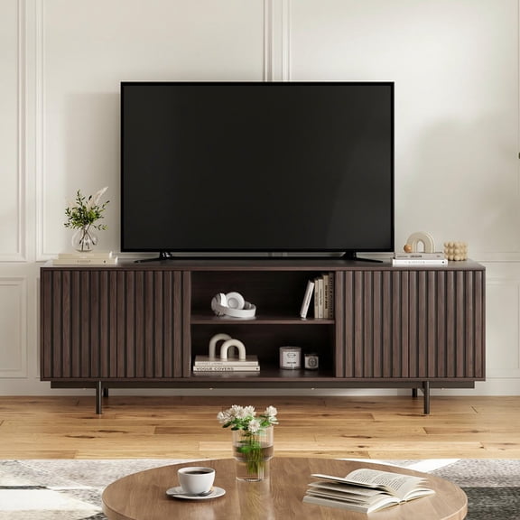 GVN Mid Century Modern TV Stand for 75 Inch TVs with Pop Up Doors, Farmhouse Fluted Media Console with Storage, Walnut