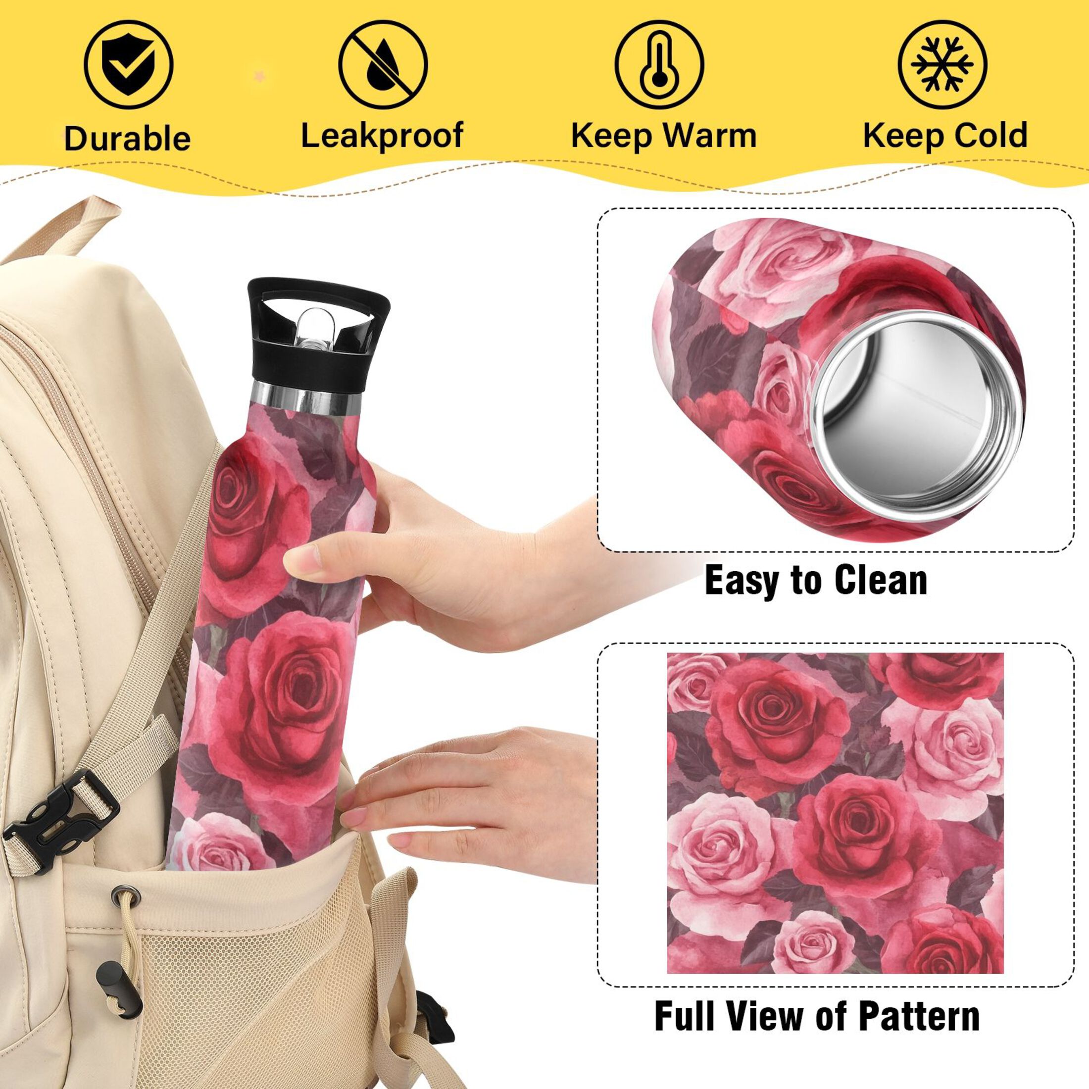 600ML Stainless Steel Insulated Cup Sports Water Bottle Portable Thermos Cup Water Glasses Insulated Tumblers Convenient and Durable Cartoon Red Roses Seamless