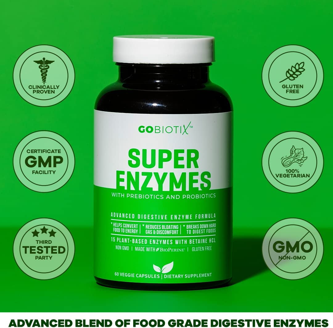 (2 pack) GoBiotix Super Digestive Enzymes with Prebiotics & Probiotics for Men & Women, 60 Capsules for Digestion Support