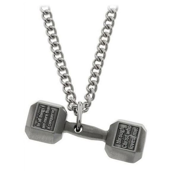 Women's Antique Finish Dumbbell Necklace-Romans 8:37 by Shields of Strength