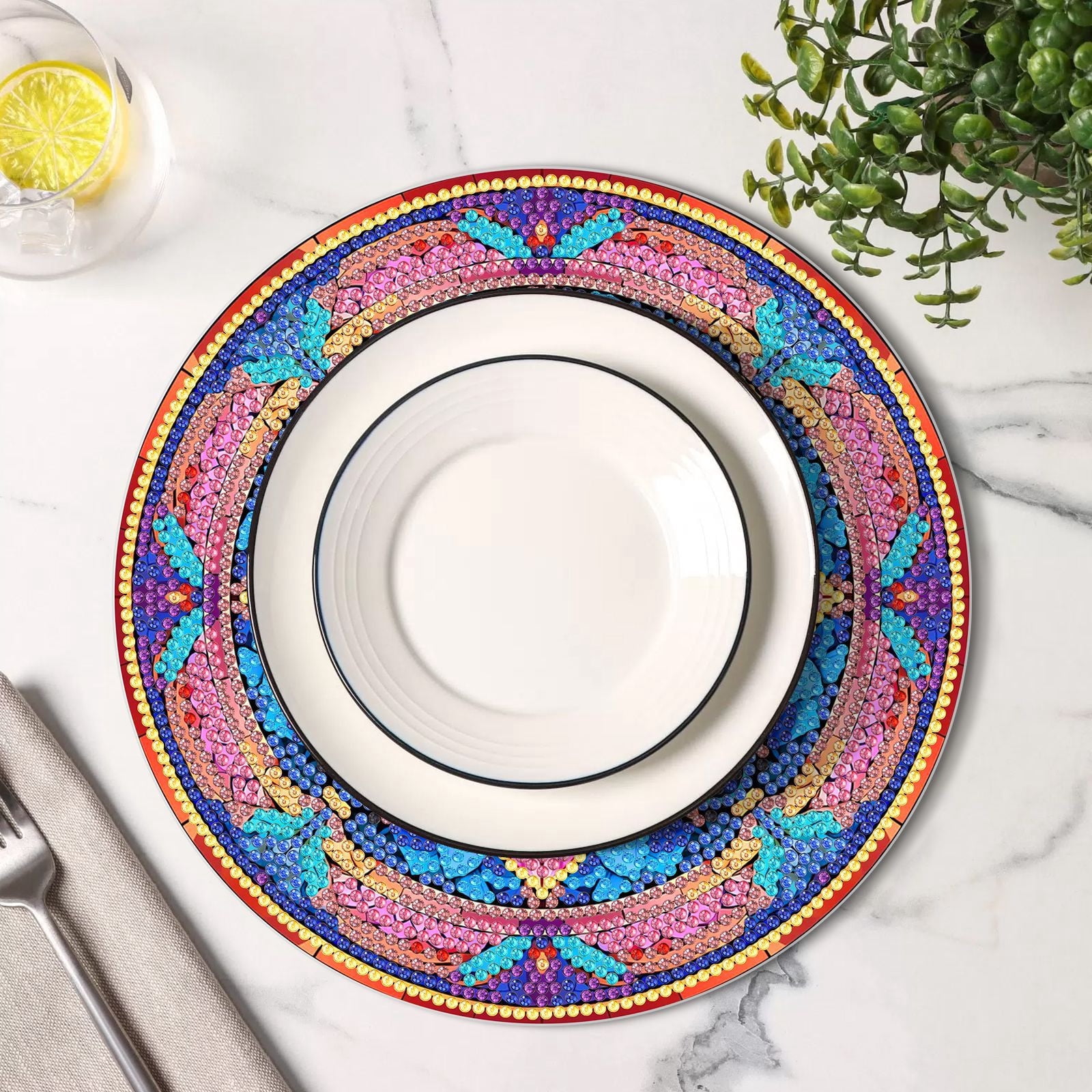 FLOPESN 4 Pcs Diamond Art Painting Coasters,Acrylic Single-Sided Dotted Diamond Dinner Plate Set for Restaurant Decoration-Mandola