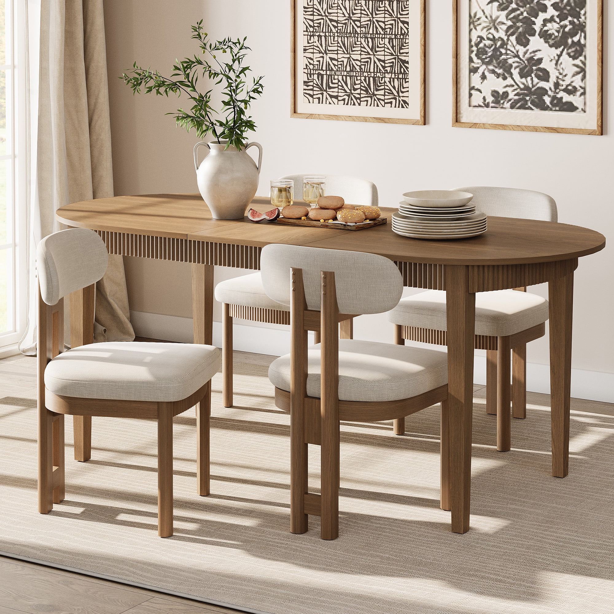 5 Piece Modern Dining Table Set, 73" Solid Wood Oval Dining Table with 4 Polyester Chairs, Dining Set with Fluted Apron for Kitchen & Dining Room