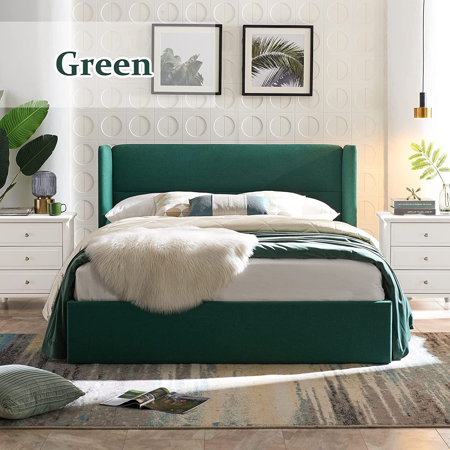 Relax & Rejuvenate Queen Size Lift up Storage Bed, Upholstered Platform Bed Frame with Modern Linen Fabric Wingback Headboard, Wood Slats Support, Noiseless, Easy Assembly, No Box Spring Needed, Blue